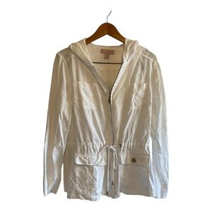 Saint Tropez West White Linen Jacket Women's Size Large Hooded Front Pockets